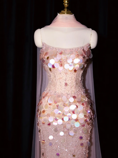 formaldressy--Pink Mermaid Sequined Long Tulle Prom Dress Evening Gown gh5701