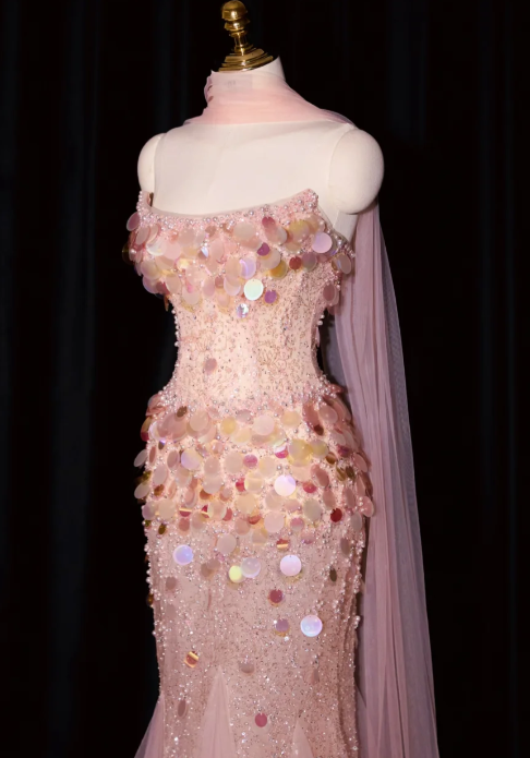 formaldressy--Pink Mermaid Sequined Long Tulle Prom Dress Evening Gown gh5701