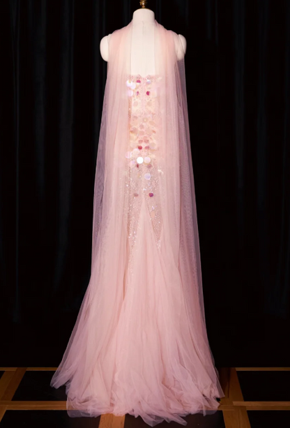 formaldressy--Pink Mermaid Sequined Long Tulle Prom Dress Evening Gown gh5701