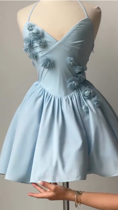 formaldressy-Blue Short Floral Satin Spaghetti Strap Homecoming Dress gh5779