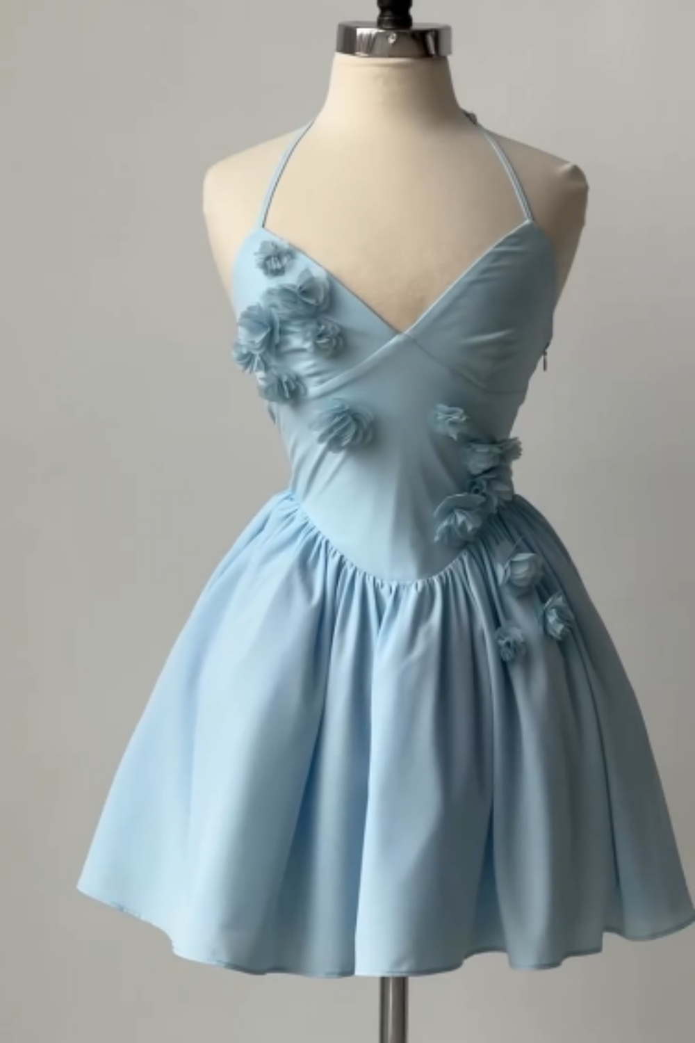 formaldressy-Blue Short Floral Satin Spaghetti Strap Homecoming Dress gh5779