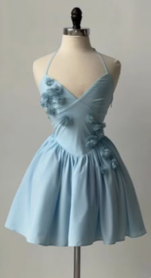 formaldressy-Blue Short Floral Satin Spaghetti Strap Homecoming Dress gh5779