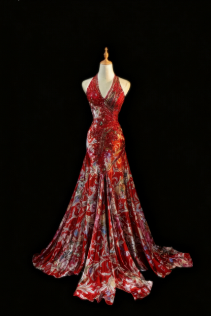 formaldressy-Red floral exquisite long trailing prom dress evening dress  gh5824
