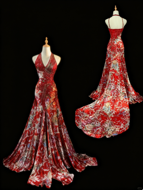 formaldressy-Red floral exquisite long trailing prom dress evening dress  gh5824