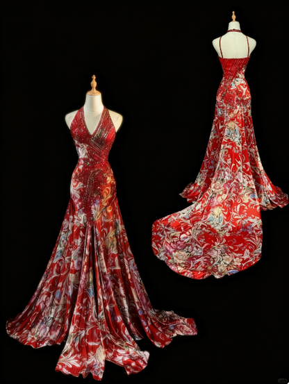 formaldressy-Red floral exquisite long trailing prom dress evening dress  gh5824