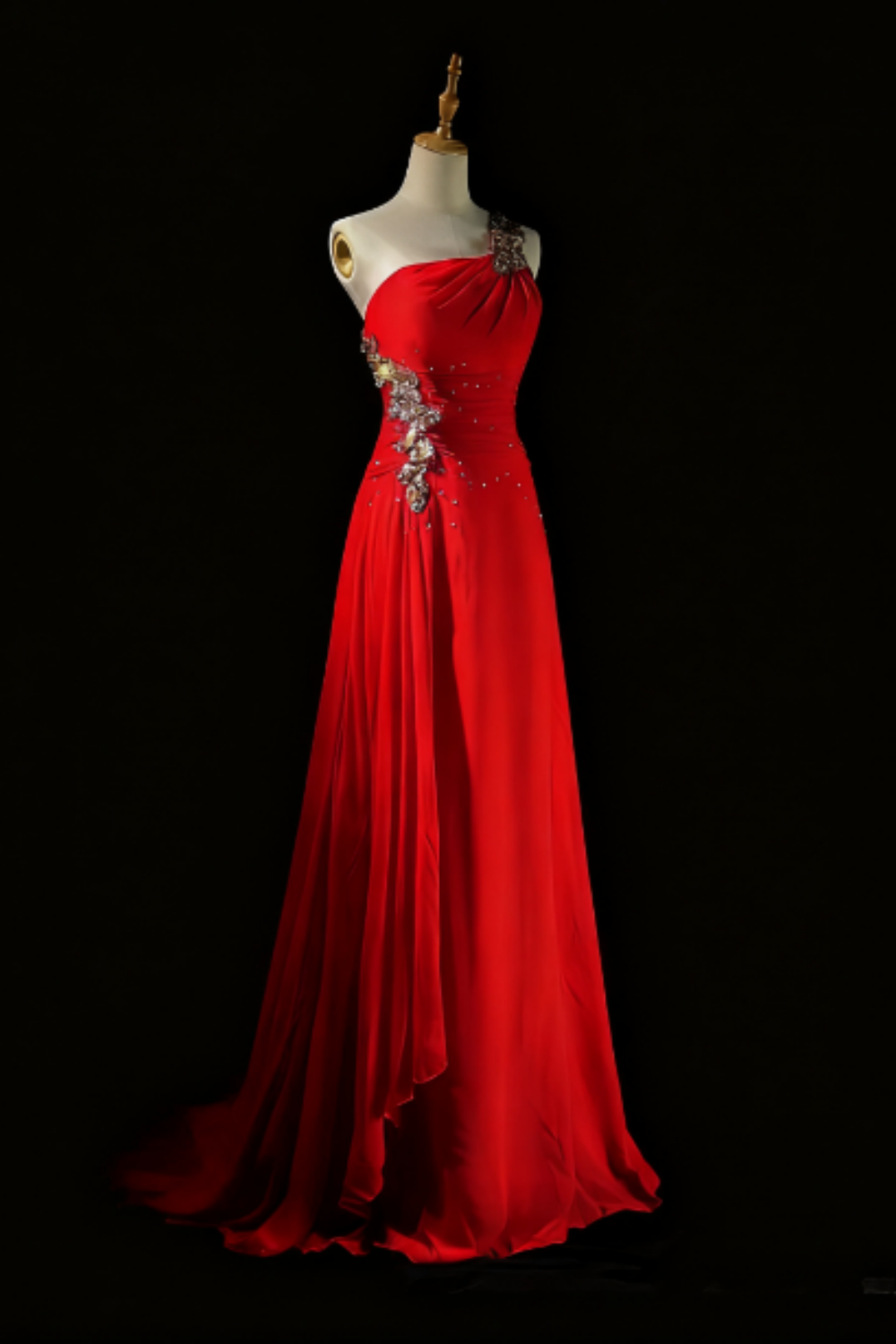 formaldressy-Glamorous Shiny Red Crystal One Shoulder Prom Dress gh5849