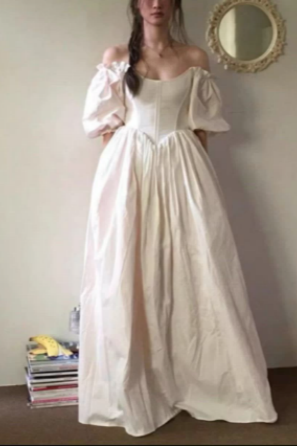 formaldressy-White Simple Casual Retro Fashion Long Prom Dress Artistic Puff Sleeve Maternity Dress gh5851