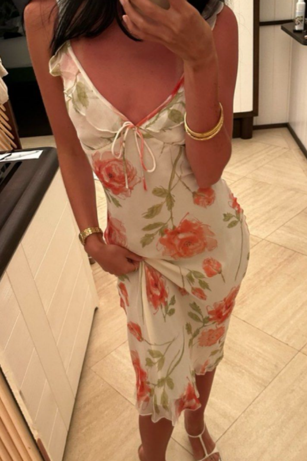 formaldressy-Floral Chiffon Ruffled Shoulder Strap Chill Mid-Length Dress gh5864
