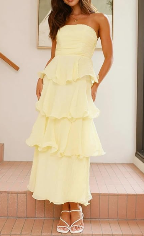 formaldressy-- Yellow elegant layered long chiffon prom dress graceful wedding guest party dress gh5567