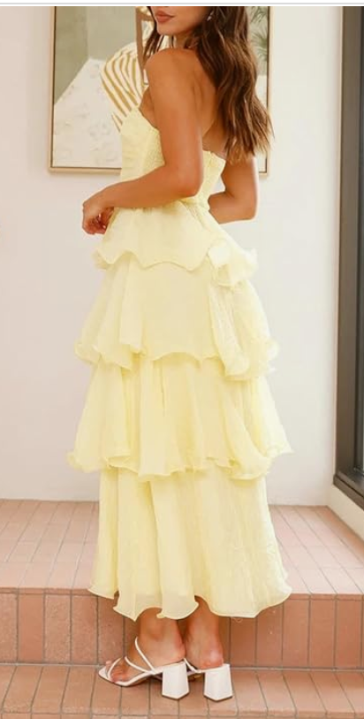 formaldressy-- Yellow elegant layered long chiffon prom dress graceful wedding guest party dress gh5567