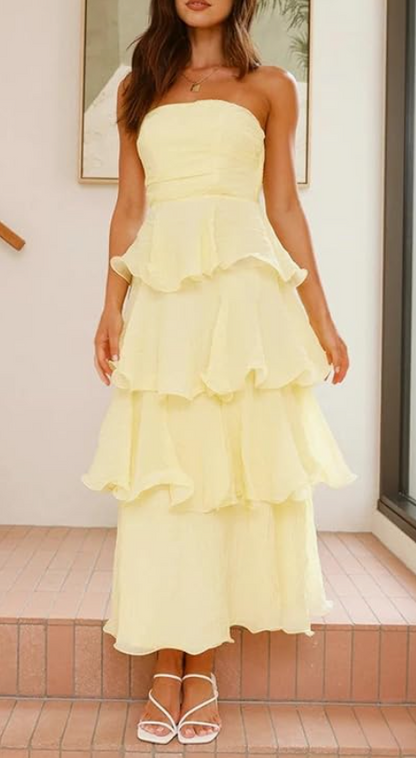 formaldressy-- Yellow elegant layered long chiffon prom dress graceful wedding guest party dress gh5567