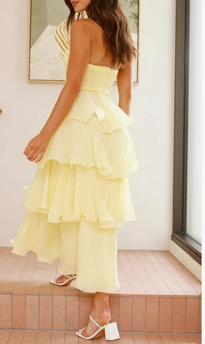 formaldressy-- Yellow elegant layered long chiffon prom dress graceful wedding guest party dress gh5567