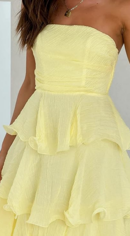 formaldressy-- Yellow elegant layered long chiffon prom dress graceful wedding guest party dress gh5567