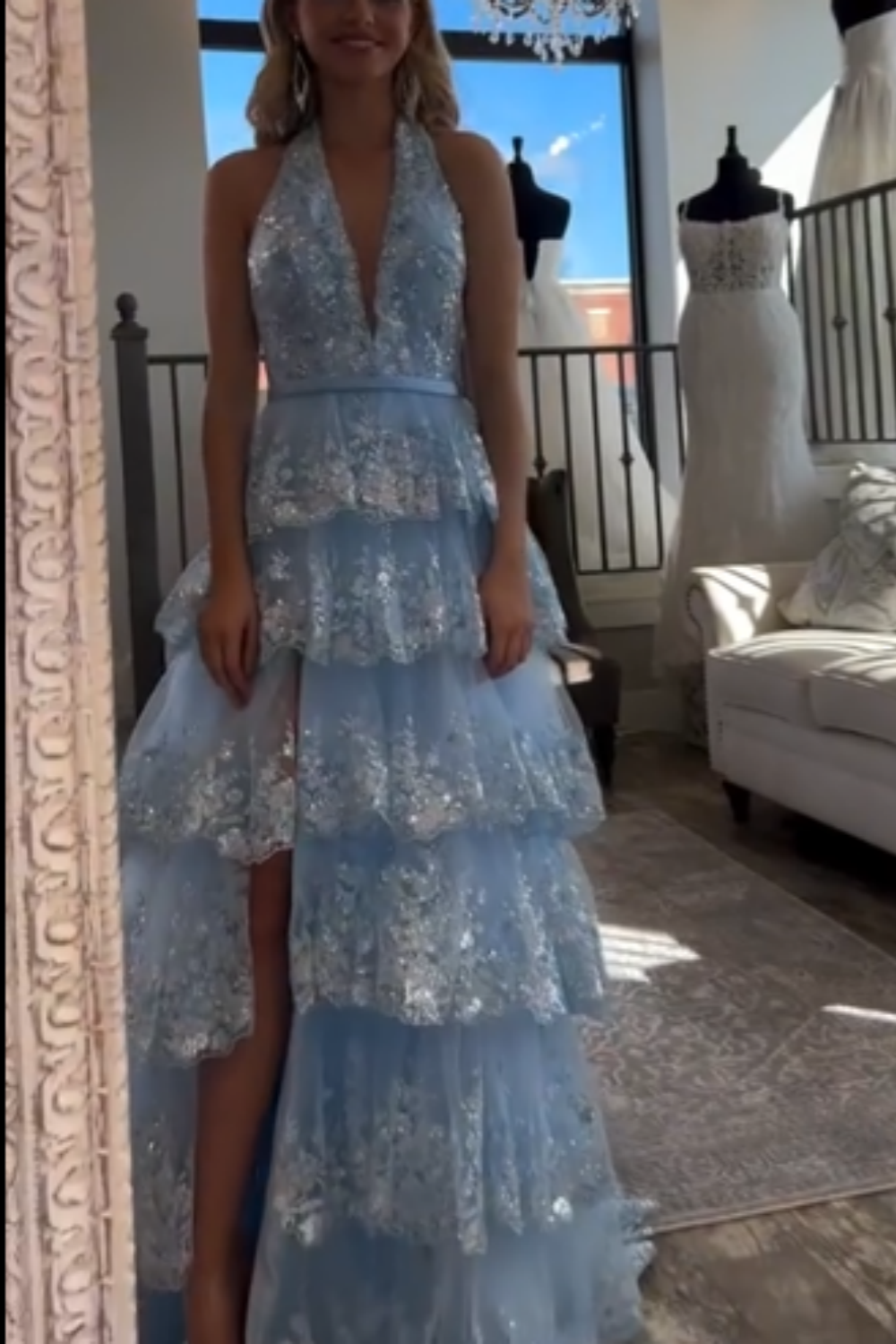 formaldressy-Blue Long Princess Shiny Sequins Long Tulle Ball Gown Graduation Dress gh5926