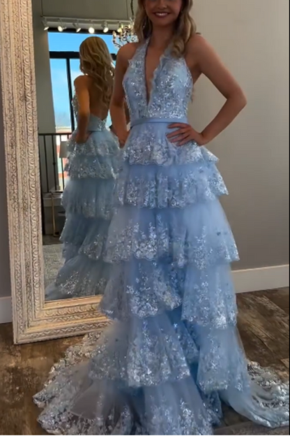 formaldressy-Blue Long Princess Shiny Sequins Long Tulle Ball Gown Graduation Dress gh5926