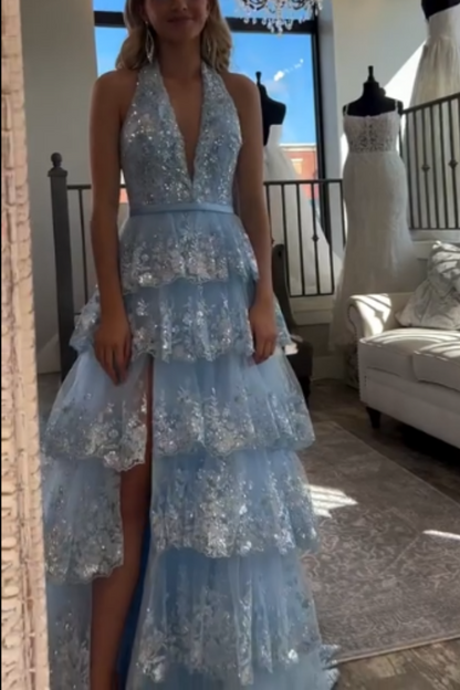 formaldressy-Blue Long Princess Shiny Sequins Long Tulle Ball Gown Graduation Dress gh5926