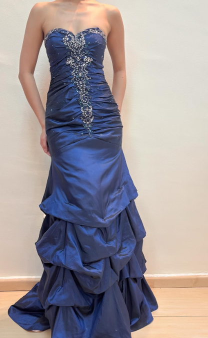 formaldressy-Vintage royal blue dress with sewn beading and adjustable back gh6178