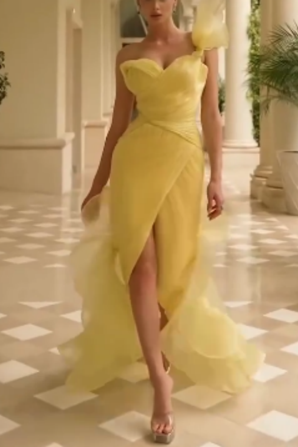 formaldressy- Yellow Fashion One-Shoulder Sheer Long Dress gh6201