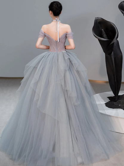 Gray sweetheart neck tulle long prom dress, gray evening dress      cg24834