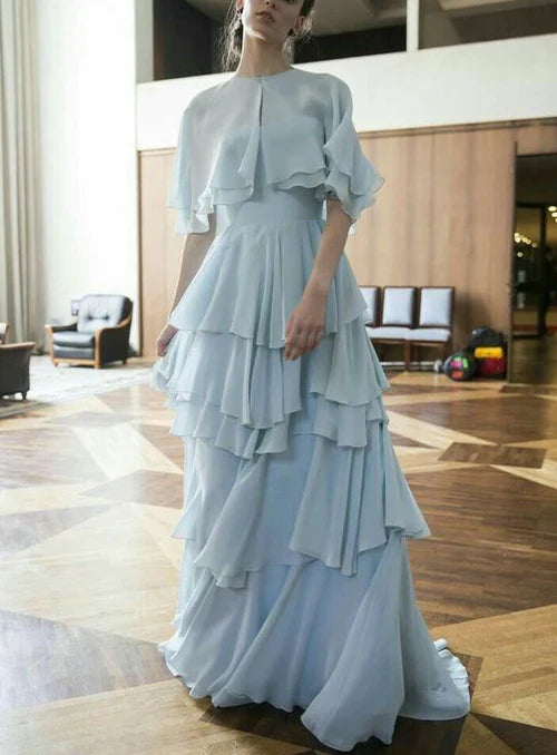 formaldressy-Blue cape-style gown with flowing chiffon ruffles, long prom dress gh5753