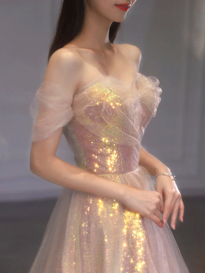 A Line Tulle Sequin Long Prom Dress, Off Shoulder Formal Graduation Dress    cg24966