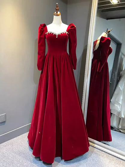 formaldressy-Vintage elegant long sleeve A-line red velvet formal prom dress prom gown gh5750