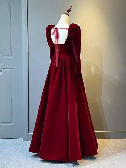 formaldressy-Vintage elegant long sleeve A-line red velvet formal prom dress prom gown gh5750