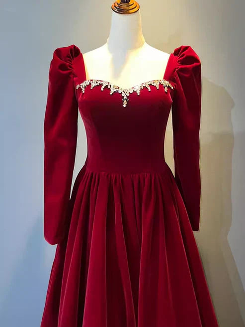 formaldressy-Vintage elegant long sleeve A-line red velvet formal prom dress prom gown gh5750