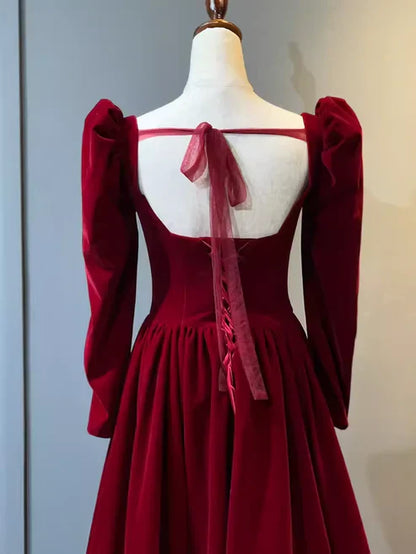 formaldressy-Vintage elegant long sleeve A-line red velvet formal prom dress prom gown gh5750