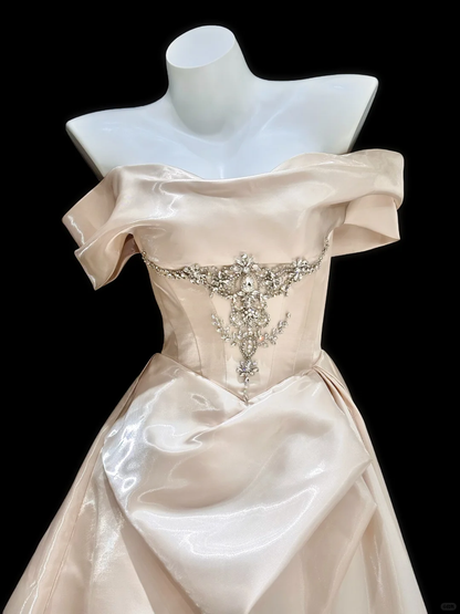 Gentle A Line Off the Shoulder Rhinestone Satin Long Prom Dress Evening Dress SH5008