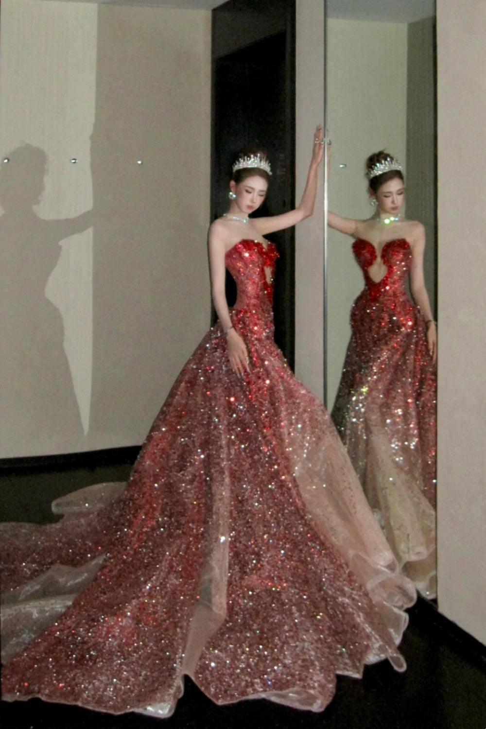 formaldressy- Red Divine Robe, Red Sparkle Waist Hip Ratio Mermaid Tail Dress gh6210