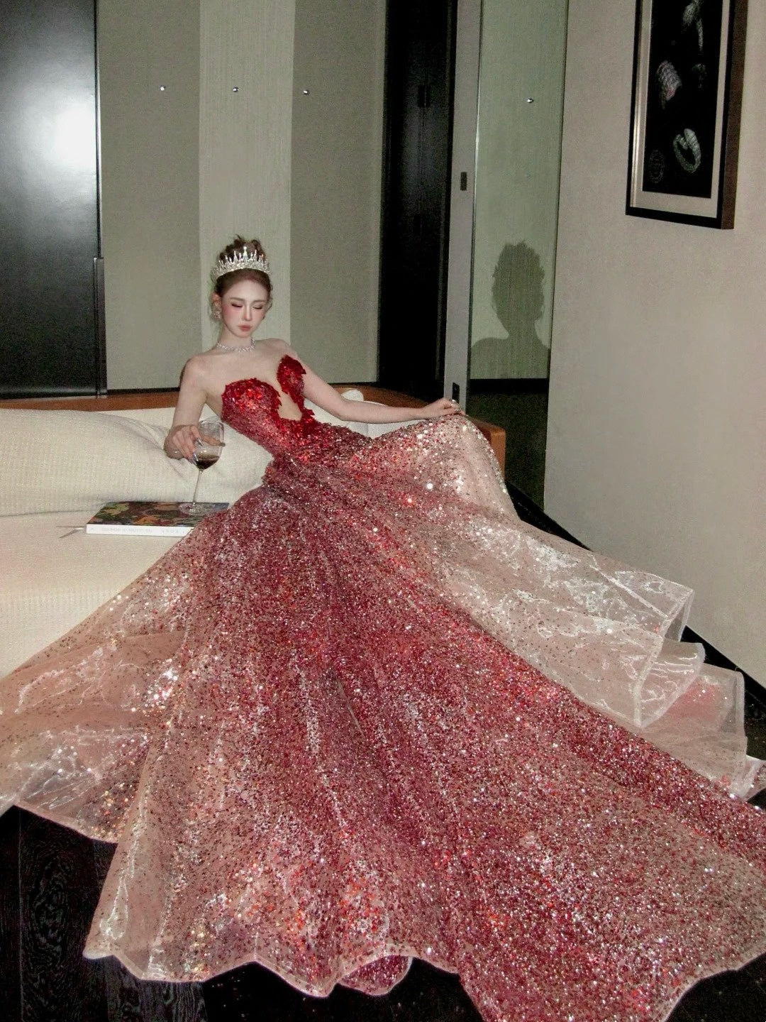 formaldressy- Red Divine Robe, Red Sparkle Waist Hip Ratio Mermaid Tail Dress gh6210