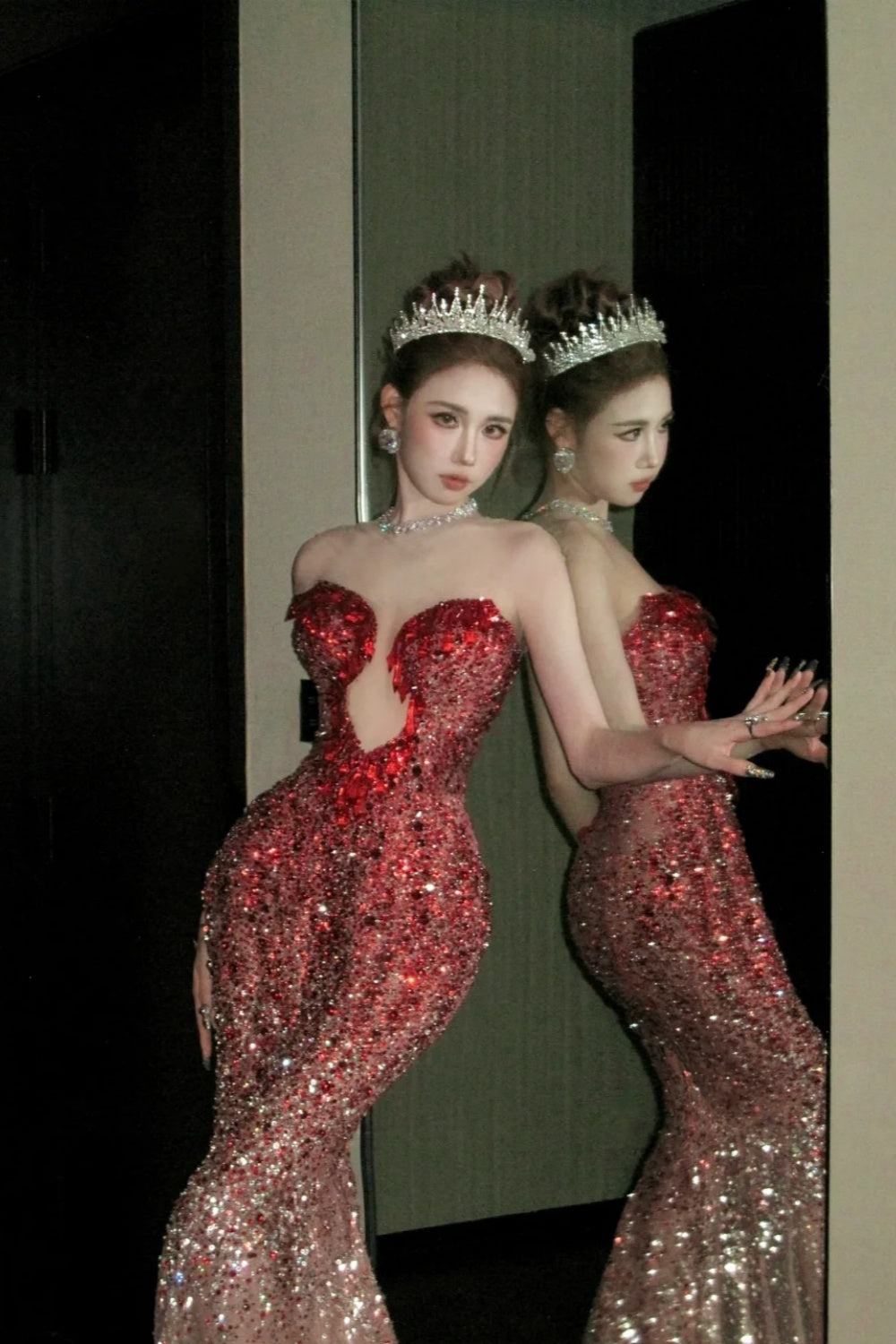 formaldressy- Red Divine Robe, Red Sparkle Waist Hip Ratio Mermaid Tail Dress gh6210