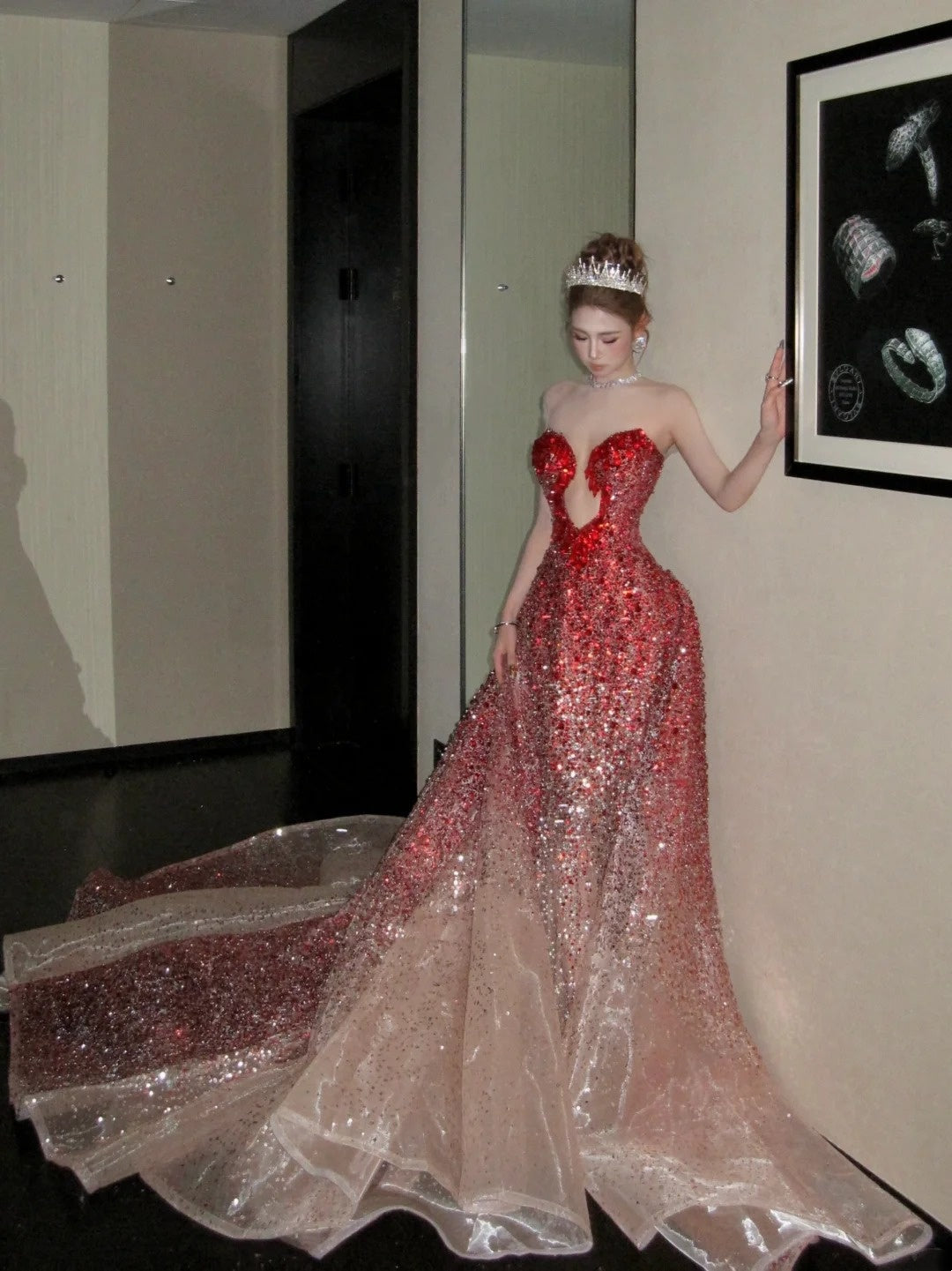 formaldressy- Red Divine Robe, Red Sparkle Waist Hip Ratio Mermaid Tail Dress gh6210