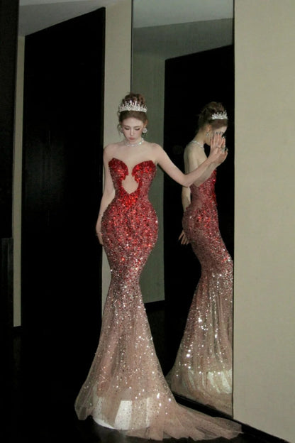 formaldressy- Red Divine Robe, Red Sparkle Waist Hip Ratio Mermaid Tail Dress gh6210