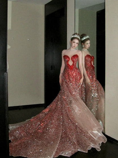 formaldressy- Red Divine Robe, Red Sparkle Waist Hip Ratio Mermaid Tail Dress gh6210