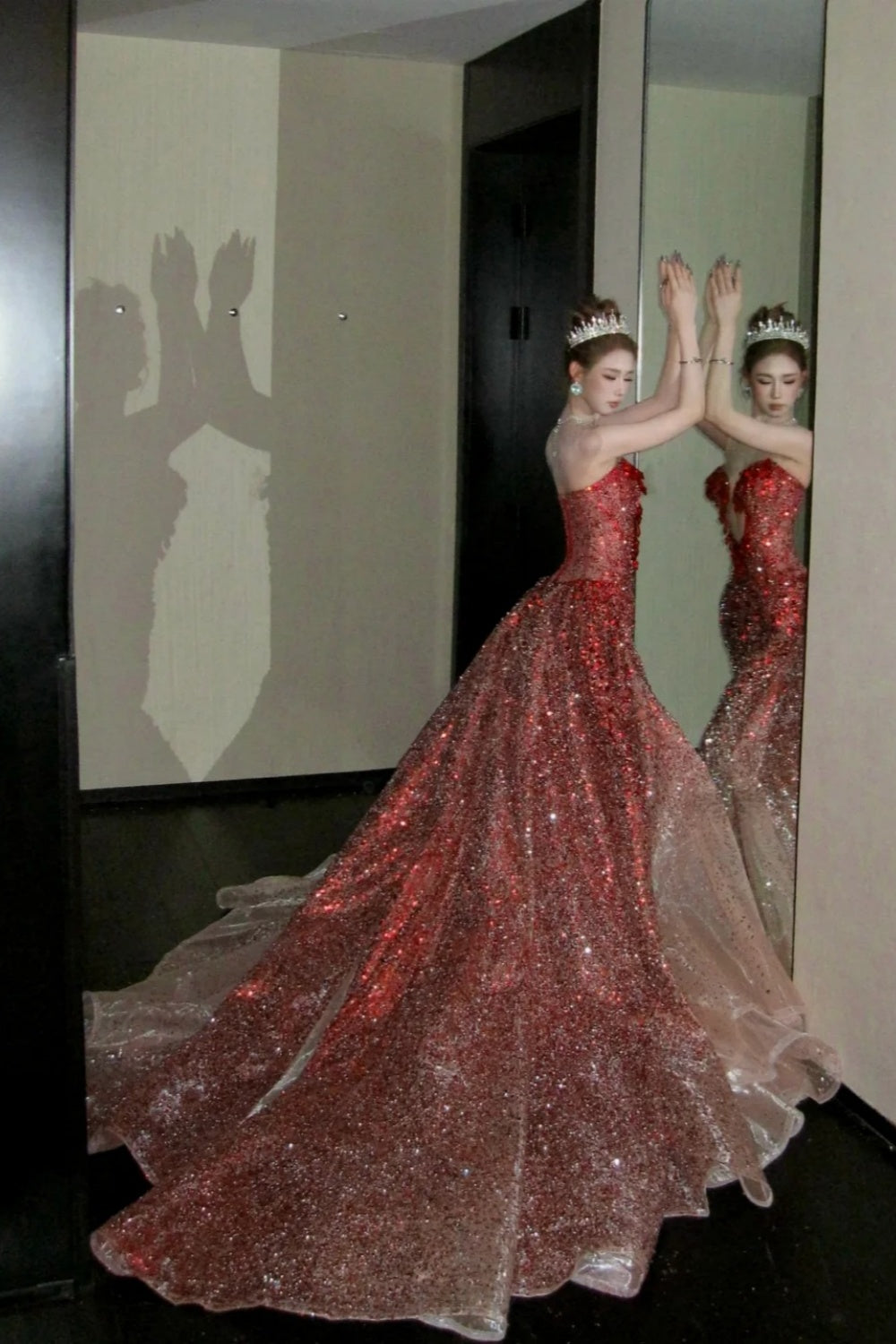 formaldressy- Red Divine Robe, Red Sparkle Waist Hip Ratio Mermaid Tail Dress gh6210
