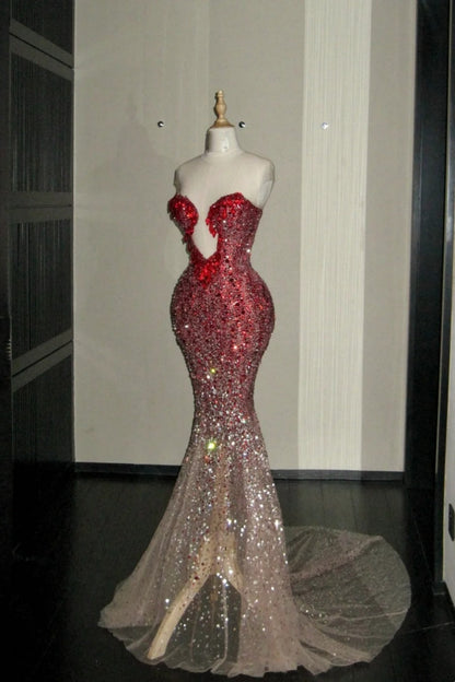 formaldressy- Red Divine Robe, Red Sparkle Waist Hip Ratio Mermaid Tail Dress gh6210