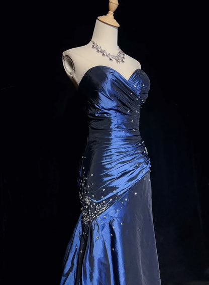 Sexy Sweetheart Sleeveless Mermaid Satin Long Navy Blue Prom Dresses SD1291
