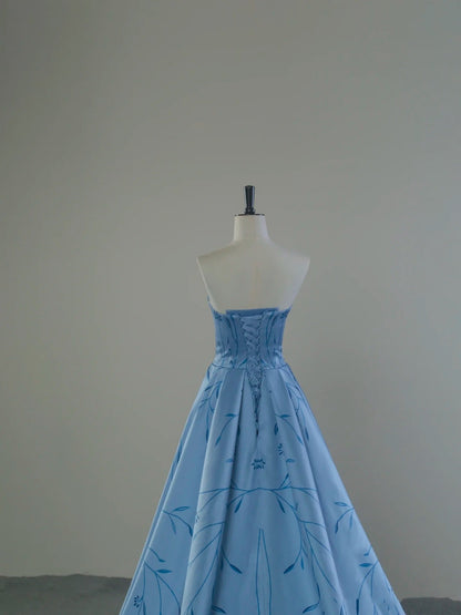 Classy A Line Strapless Blue Satin Long Prom Dresses Party Dress SD1321