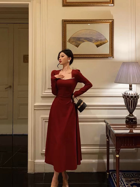Simple A line Square Neckline Long Sleeves Red Prom Dresses Birthday Dress SD413