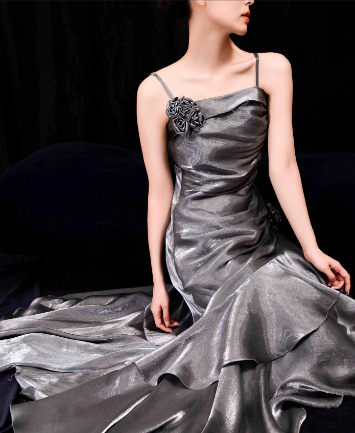 French Mermaid Spaghetti Straps Ruffles Silver Gray Prom Dresses Long Birthday Outfits SD504