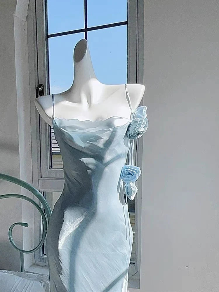 Chic Sheath Spaghetti Straps Light Sky Blue Flower Long Prom Dresses Birthday Outfits SD511