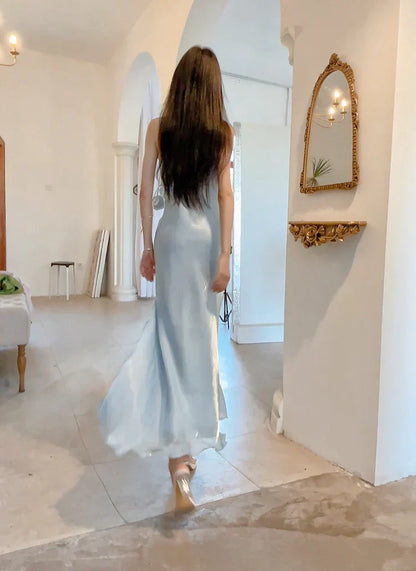 Chic Sheath Spaghetti Straps Light Sky Blue Flower Long Prom Dresses Birthday Outfits SD511