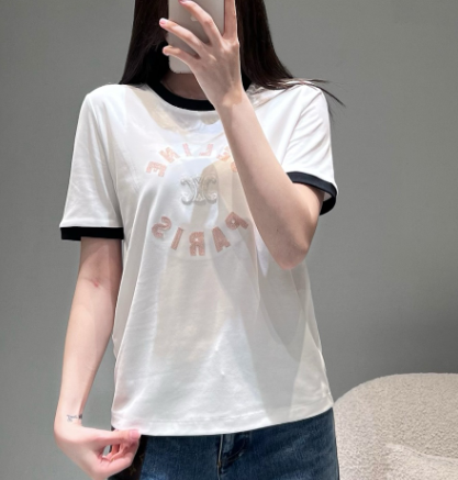 Celine 26SS Color-blocked Neck T-shirt White in Cotton 898941