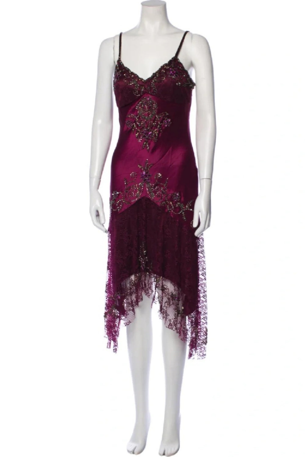 formaldressy-Burgundy Satin Lace Paneled Spaghetti Straps High-Low Midi Dress with Beading and Sequins gh6308