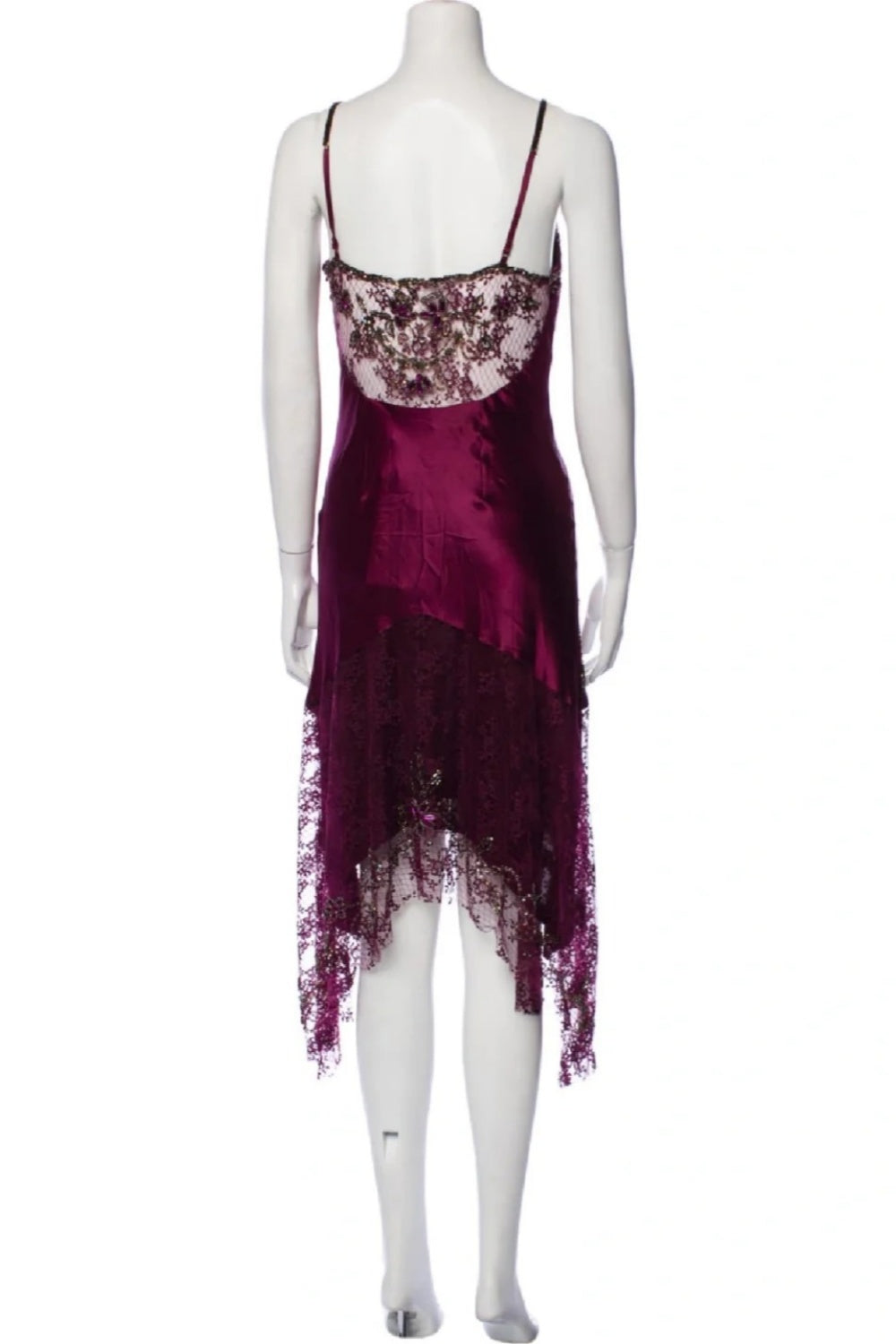 formaldressy-Burgundy Satin Lace Paneled Spaghetti Straps High-Low Midi Dress with Beading and Sequins gh6308