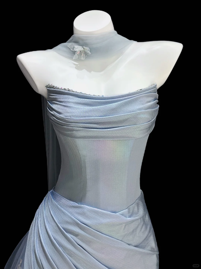 Blue Simple A Line Strapless Satin Tulle Long Prom Dress SH5003