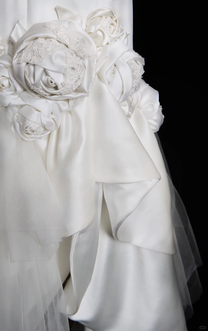 Mermaid Halter White Floral Ruffle Satin Tulle Wedding Dress SH4710