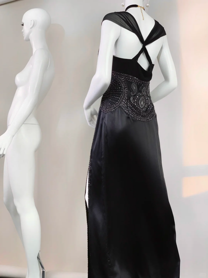 Vintage Sexy Black A Line Exquisite Beaded Chiffon Satin Prom Dress Evening Dress SH5133